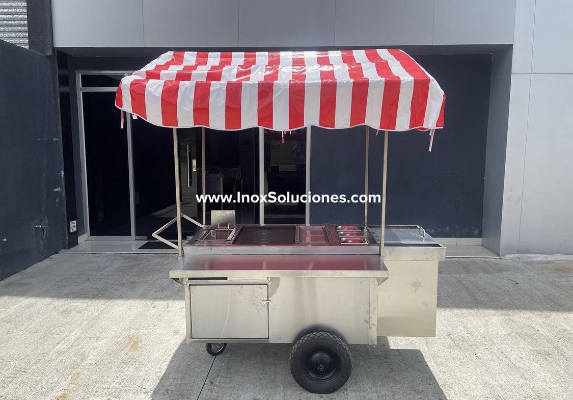 Carretilla tipo empuje con techo tipo tolda para hot dog hamburguesas comida rápida