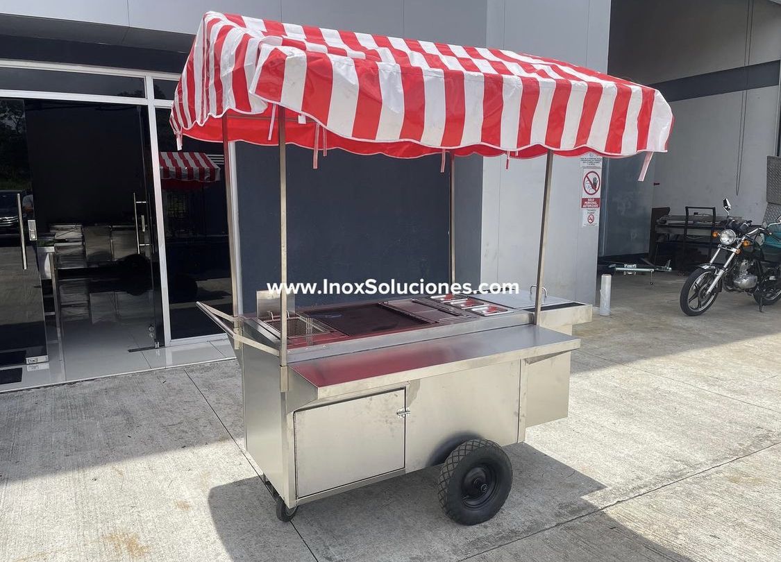 Carretilla tipo empuje con techo tipo tolda para hot dog hamburguesas comida rápida - Imagen 3