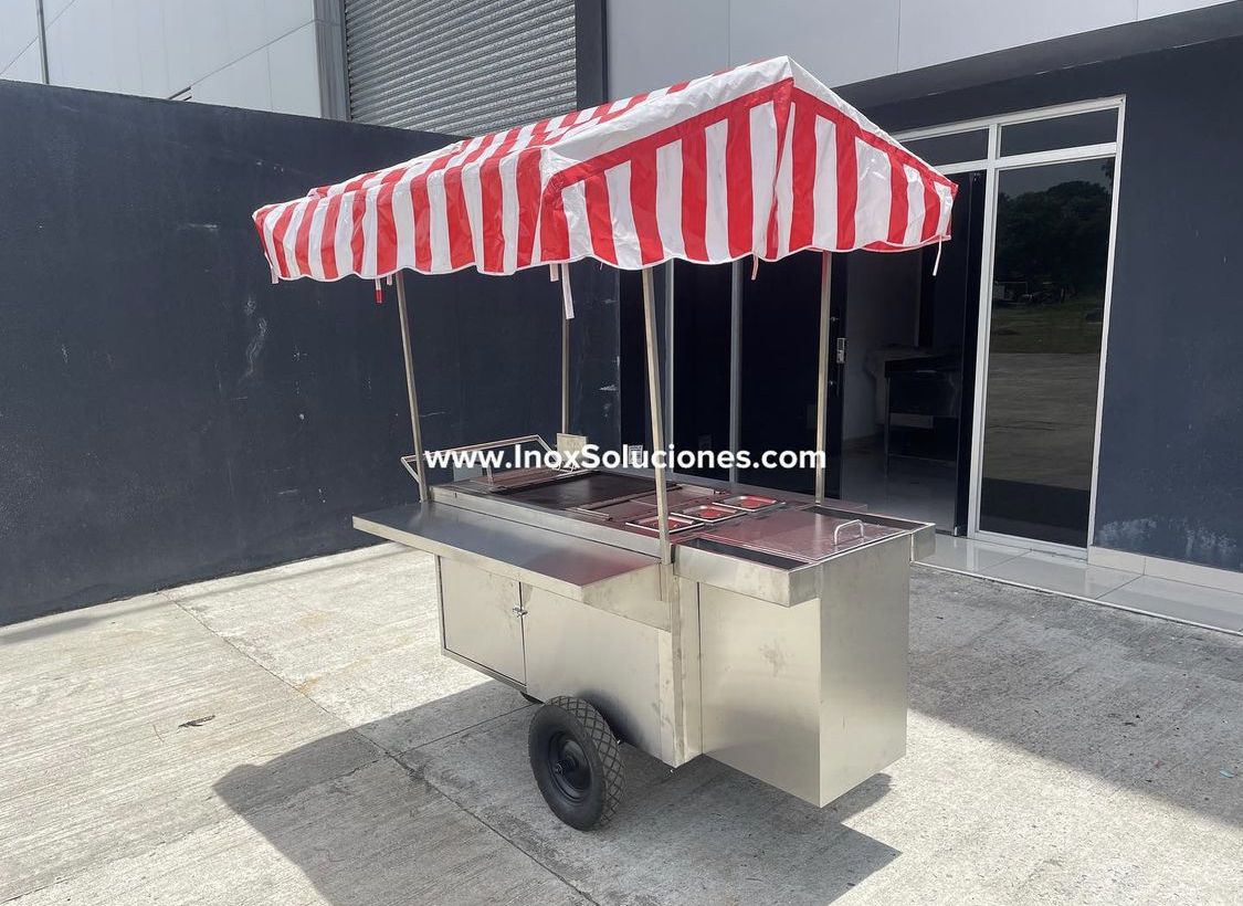 Carretilla tipo empuje con techo tipo tolda para hot dog hamburguesas comida rápida - Imagen 2