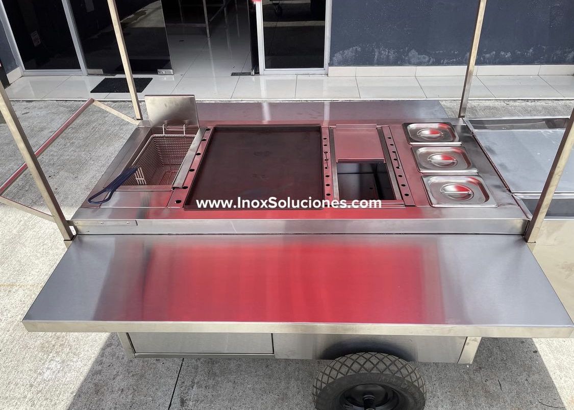 Carretilla tipo empuje con techo tipo tolda para hot dog hamburguesas comida rápida - Imagen 4