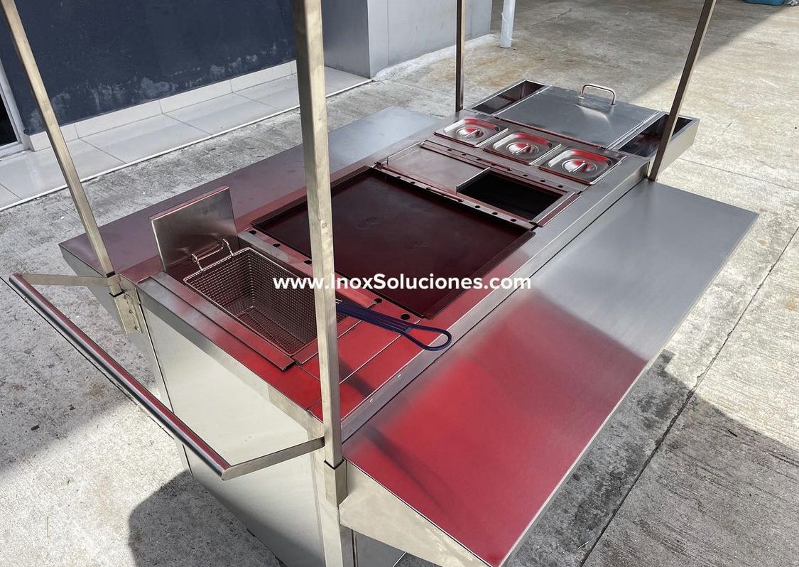 Carretilla tipo empuje con techo tipo tolda para hot dog hamburguesas comida rápida - Imagen 5