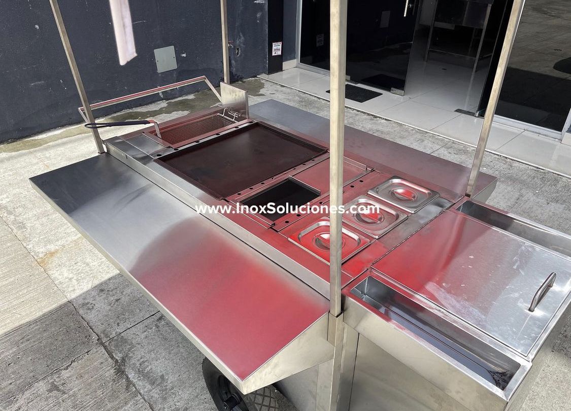 Carretilla tipo empuje con techo tipo tolda para hot dog hamburguesas comida rápida - Imagen 6