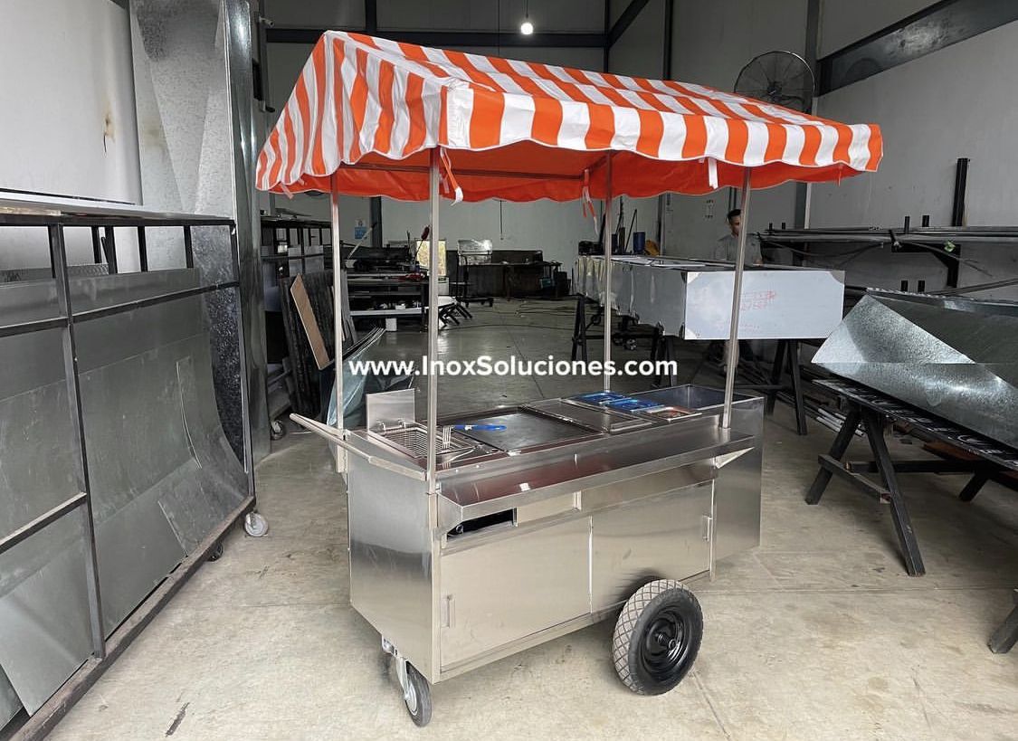 Carretilla tipo empuje con techo tipo tolda para hot dog hamburguesas comida rápida - Imagen 9