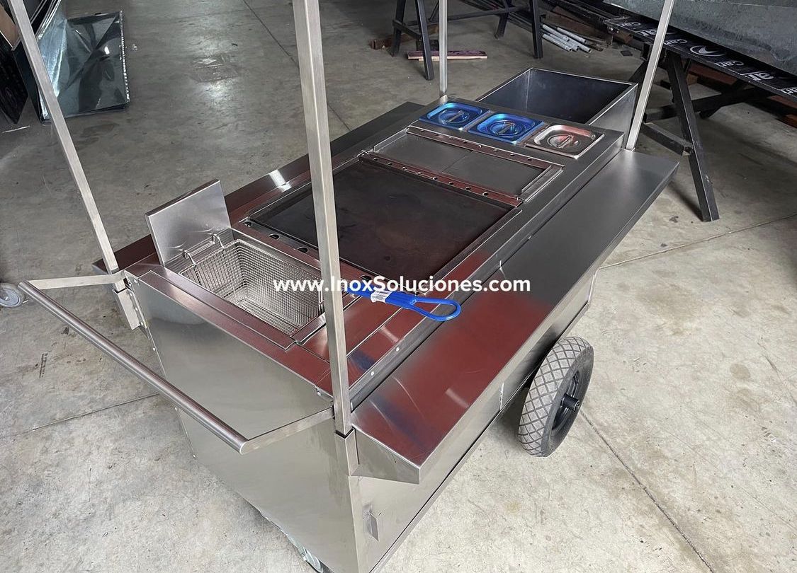 Carretilla tipo empuje con techo tipo tolda para hot dog hamburguesas comida rápida - Imagen 8