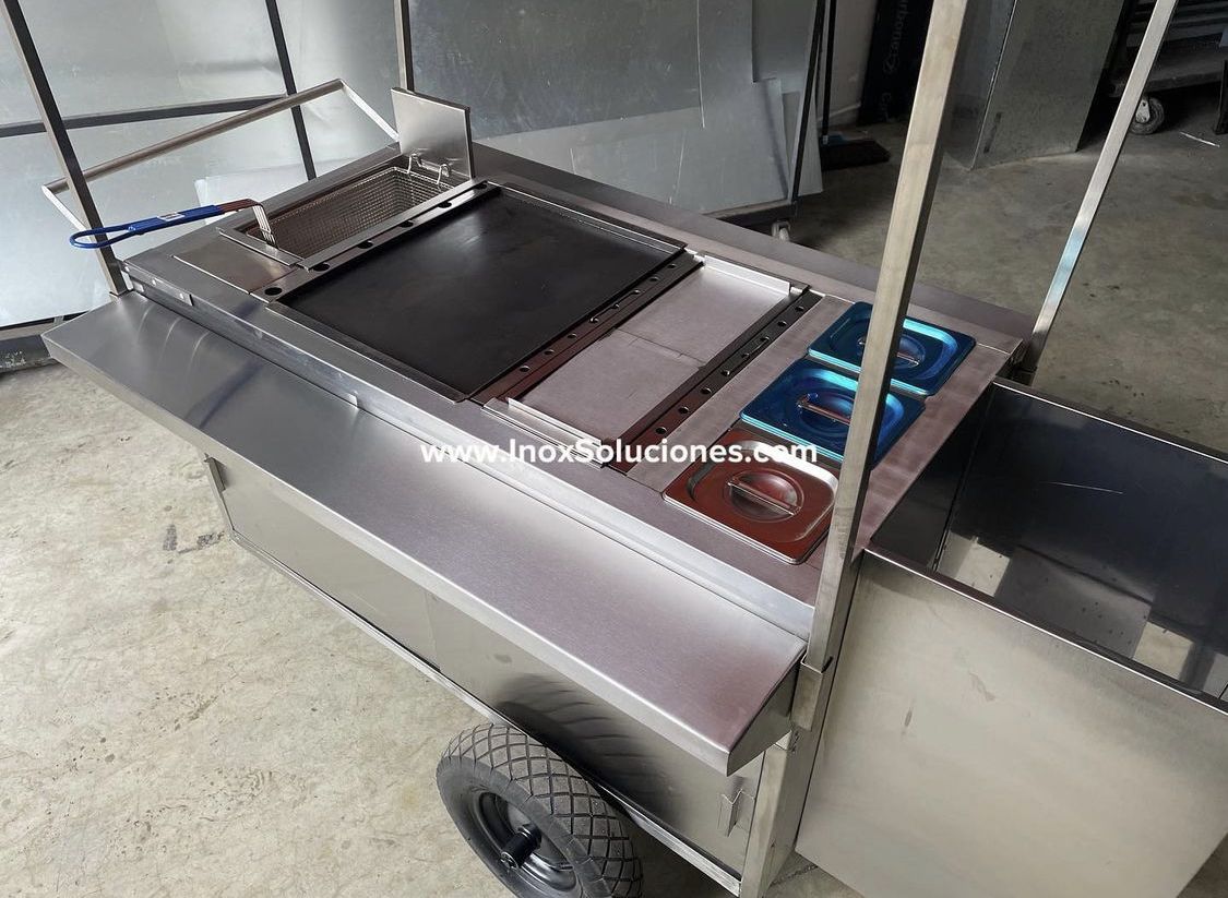 Carretilla tipo empuje con techo tipo tolda para hot dog hamburguesas comida rápida - Imagen 7