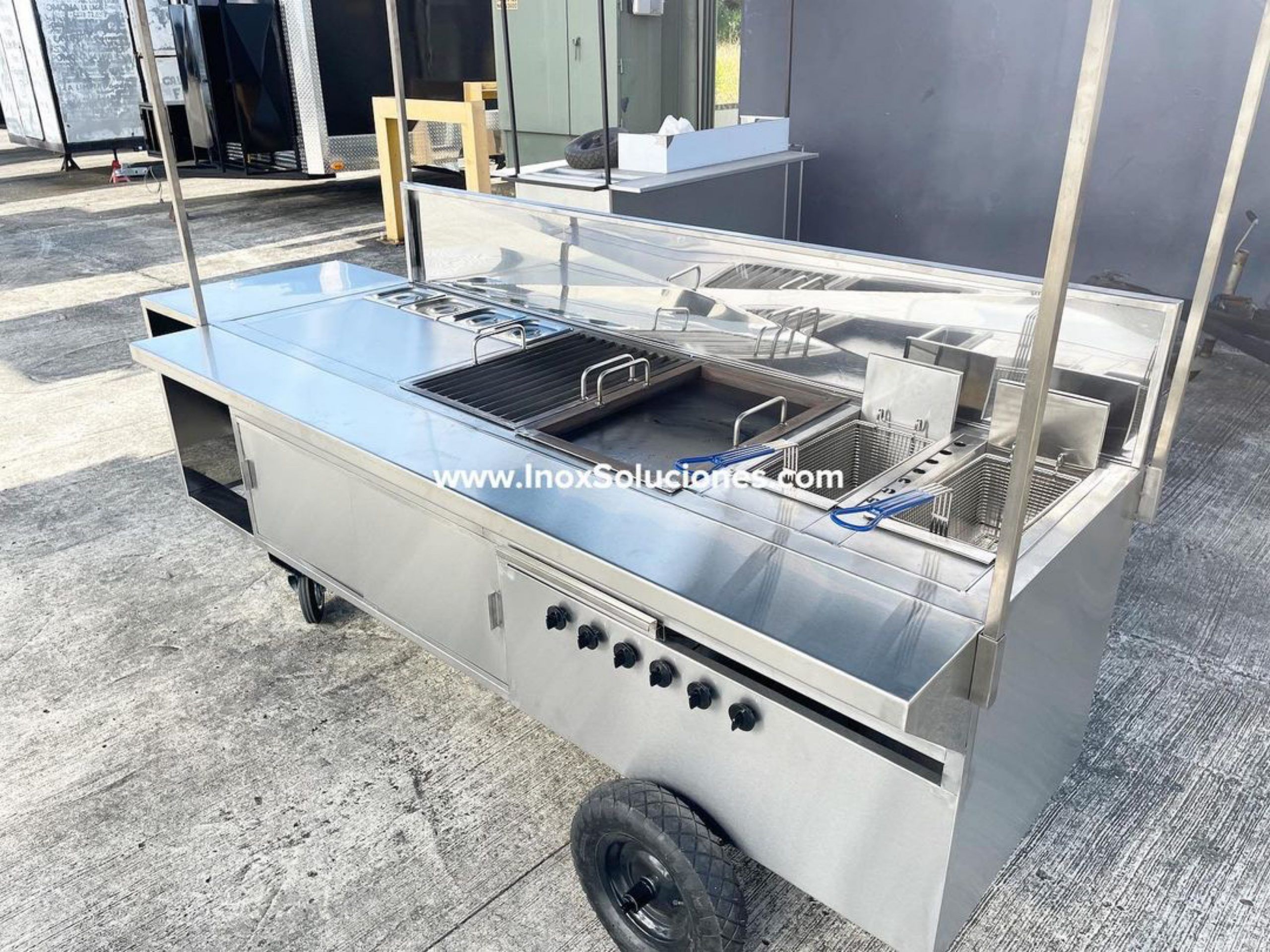 Carretilla ó carrito en acero inoxidable con techo tipo tolda desmontable para comida rápida hot dog hamburguesas asados - Imagen 5