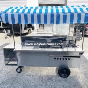 Carretilla ó carrito en acero inoxidable con techo tipo tolda desmontable para comida rápida hot dog hamburguesas asados