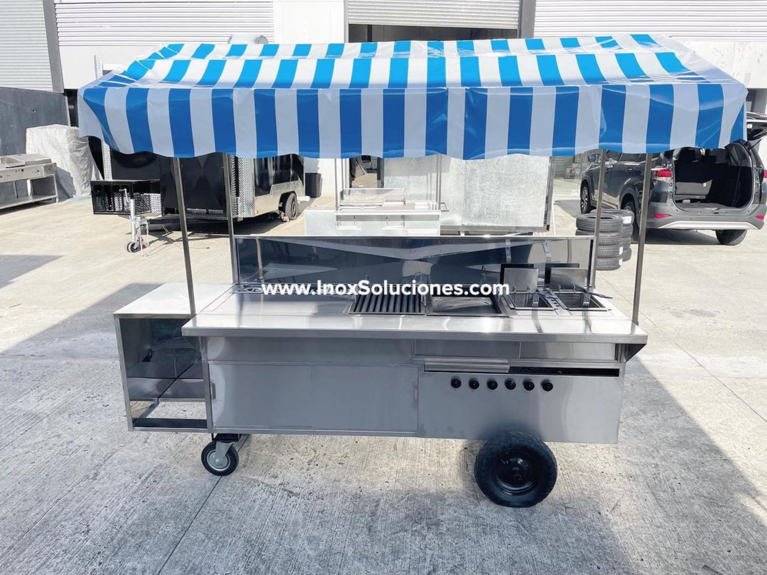 Carretilla ó carrito en acero inoxidable con techo tipo tolda desmontable para comida rápida hot dog hamburguesas asados