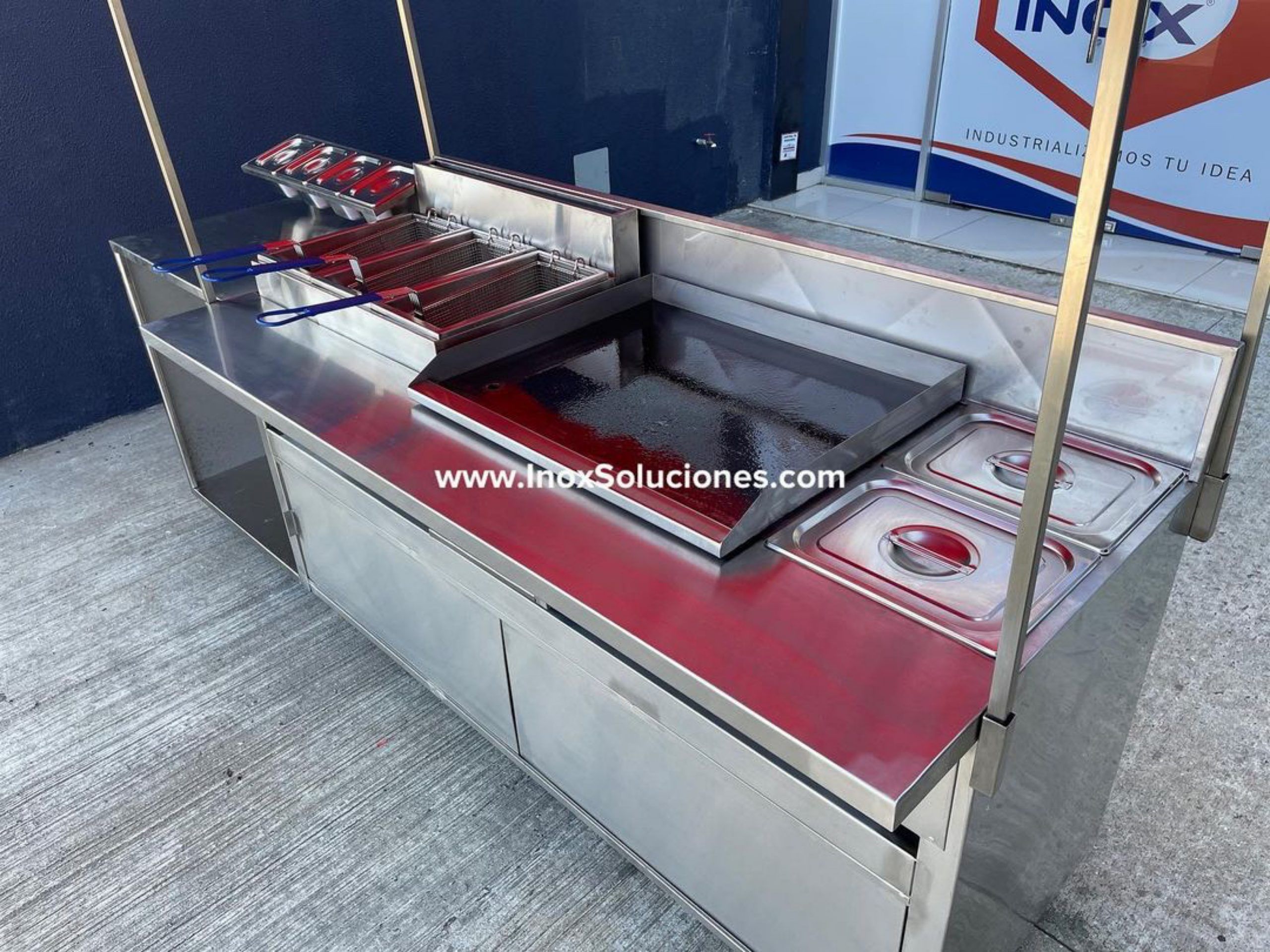 Carretilla ó carrito en acero inoxidable 304/AISI con techo tipo tolda para comida rápida hot dog hamburguesas - Imagen 2
