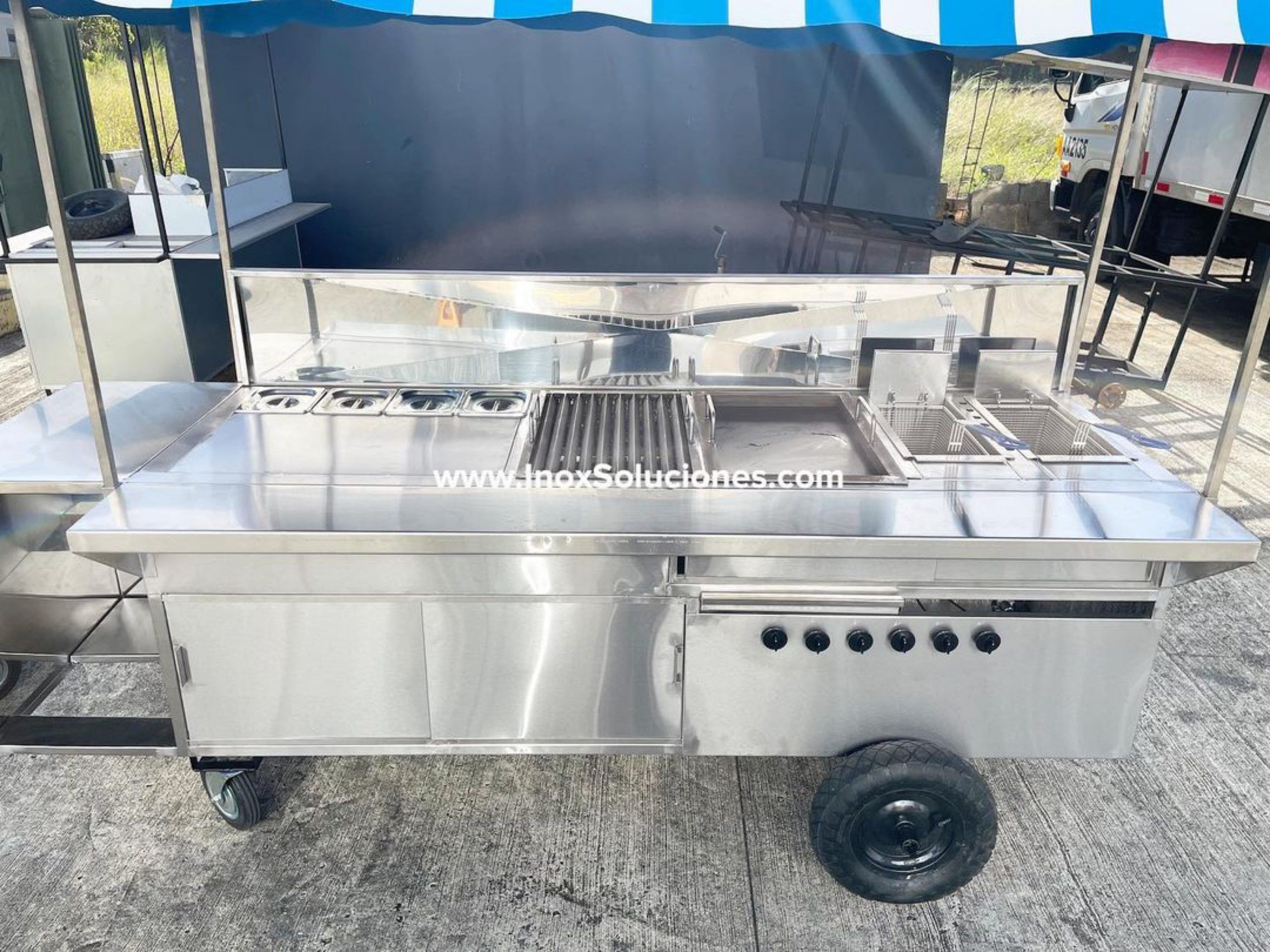 Carretilla ó carrito en acero inoxidable con techo tipo tolda desmontable para comida rápida hot dog hamburguesas asados - Imagen 2
