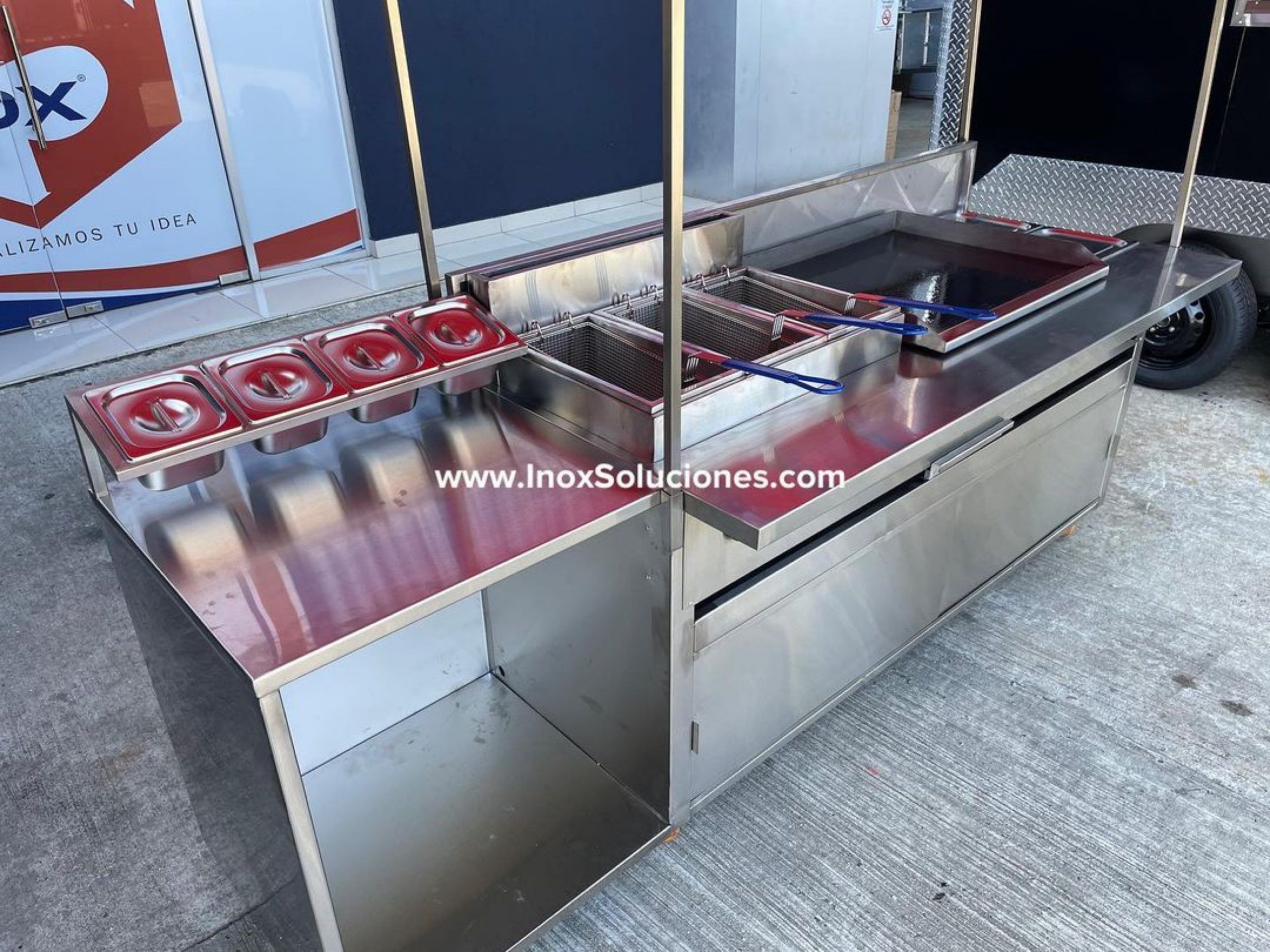 Carretilla ó carrito en acero inoxidable 304/AISI con techo tipo tolda para comida rápida hot dog hamburguesas - Imagen 3