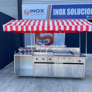 Carretilla ó carrito en acero inoxidable 304/AISI con techo tipo tolda para comida rápida hot dog hamburguesas