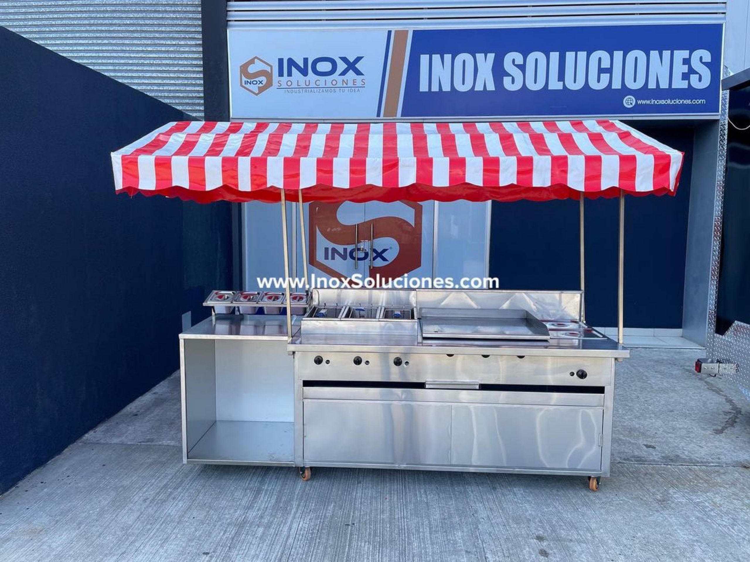 Carretilla ó carrito en acero inoxidable 304/AISI con techo tipo tolda para comida rápida hot dog hamburguesas